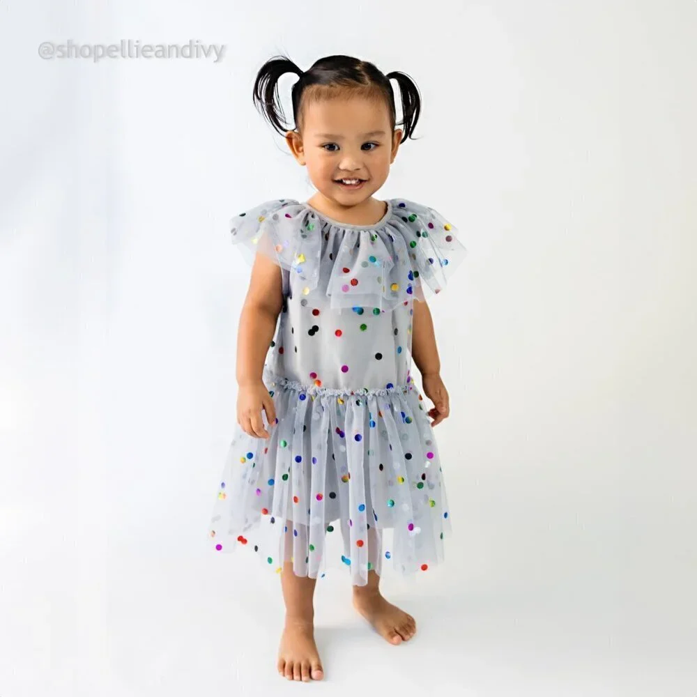 Cuteheads 2T Girl's Gray Tulle Confetti Polka Dot Party Dress - Picture 3 of 10